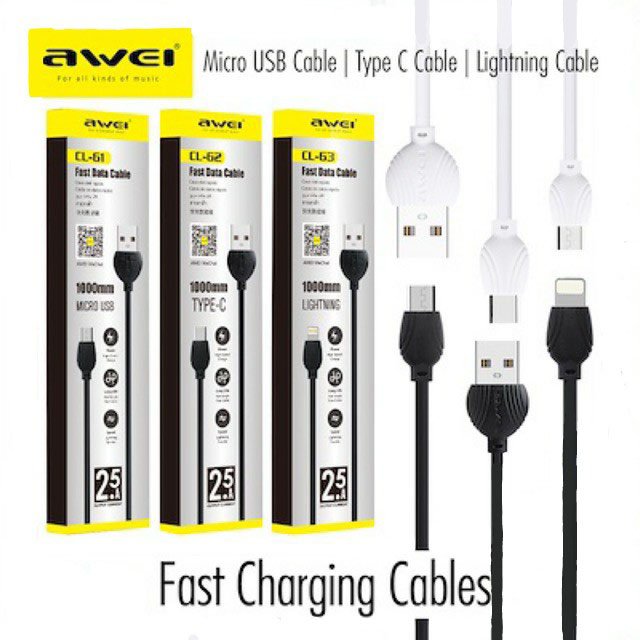 Original Awei CL-61 Micro-USB Cable 1.0m 2.5A Black Original Awei CL-61 Micro-USB Cable 1.0m 2.5A Black