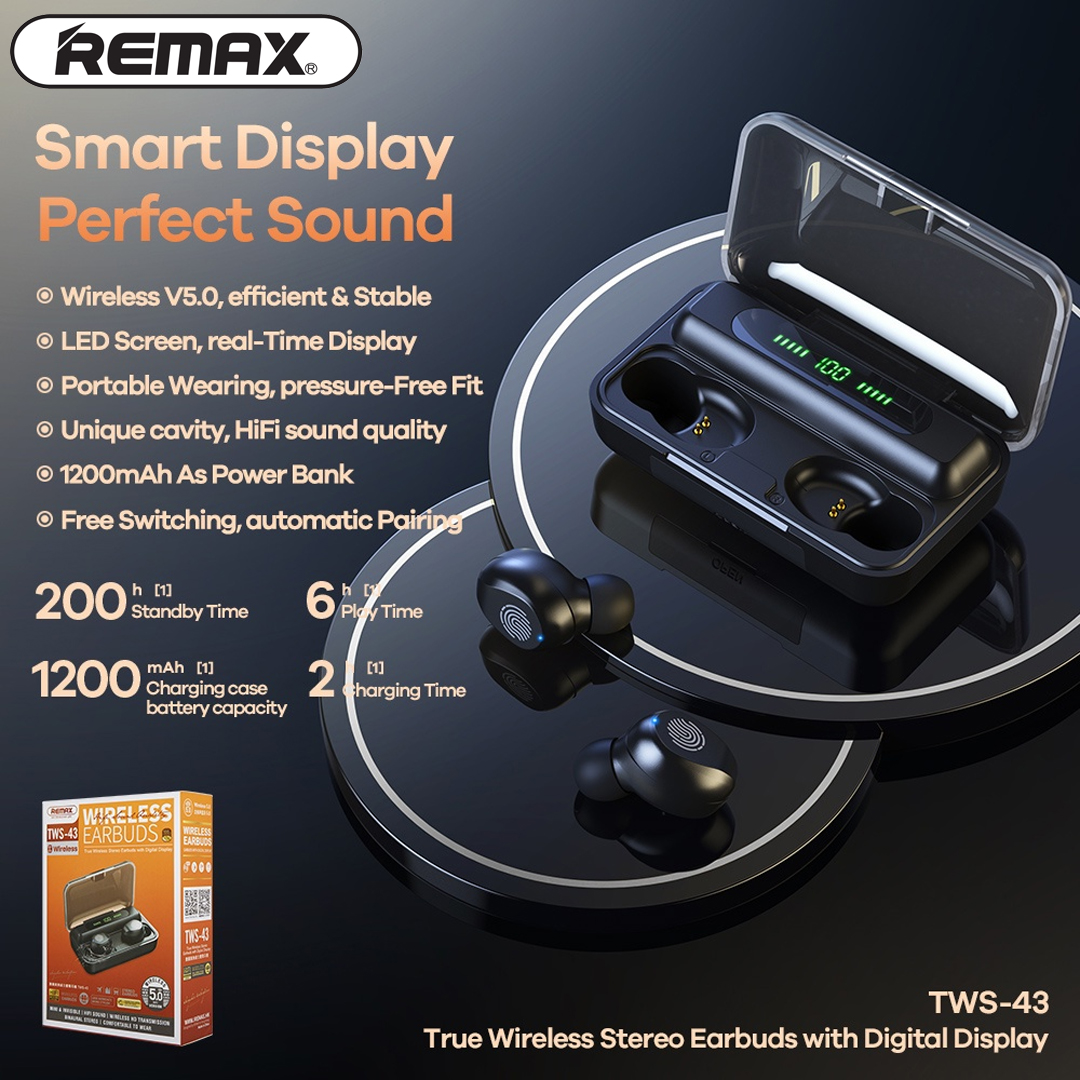 Original Remax TWS-43 Bluetooth Earbuds True Stereo With Digital Display