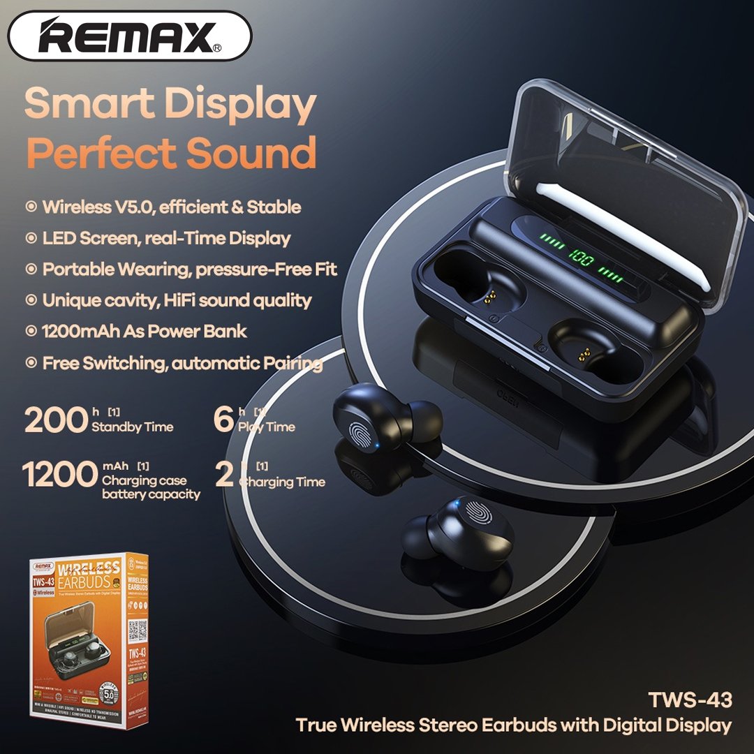 Original Remax TWS-43 Bluetooth Earbuds True Stereo With Digital Display Original Remax TWS-43 Bluetooth Earbuds True Stereo With Digital Display