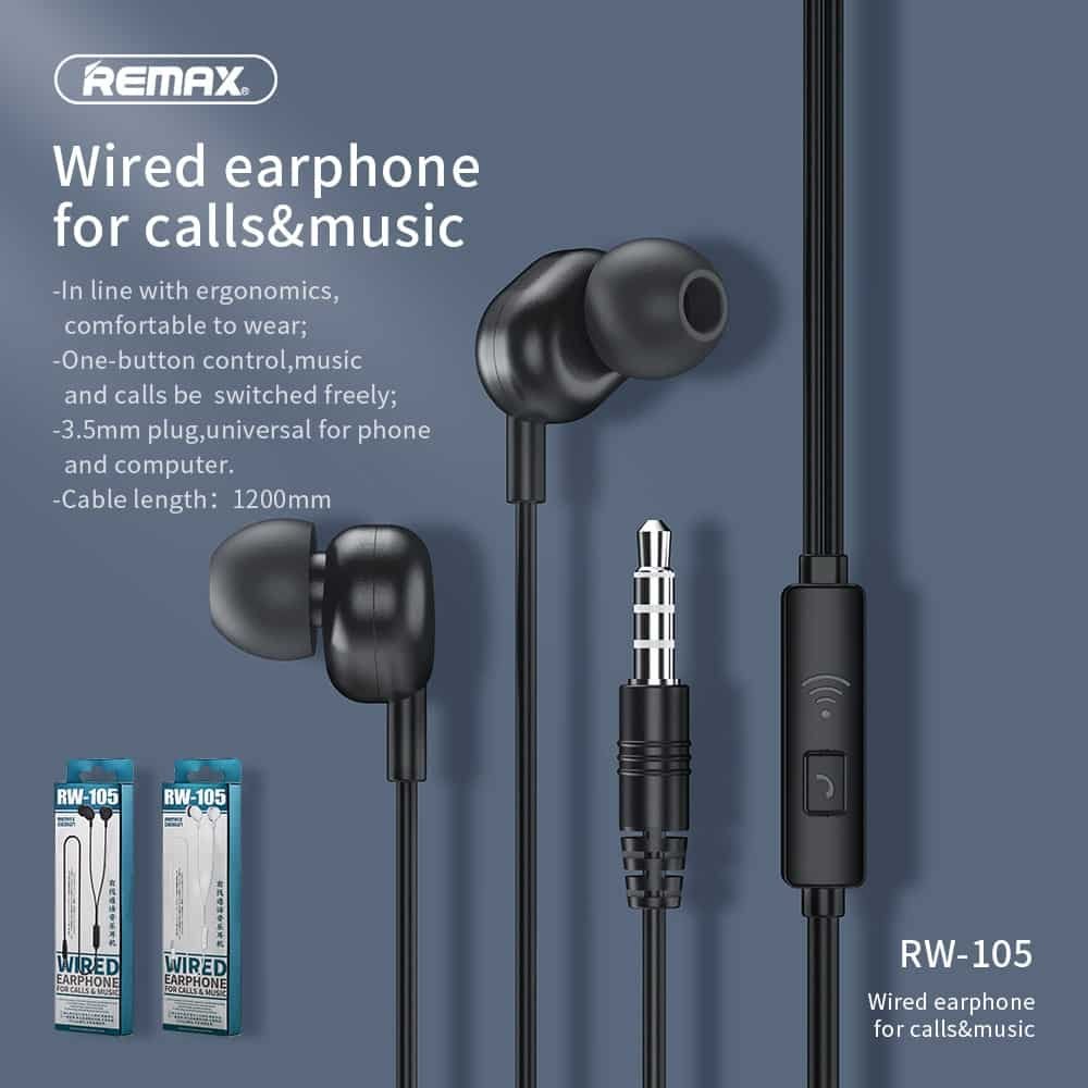 Original Remax RW 105 New Music Earphone With HD Mic In Ear 3.5mm Jack Original Remax RW 105 New Music Earphone With HD Mic In Ear 3.5mm Jack