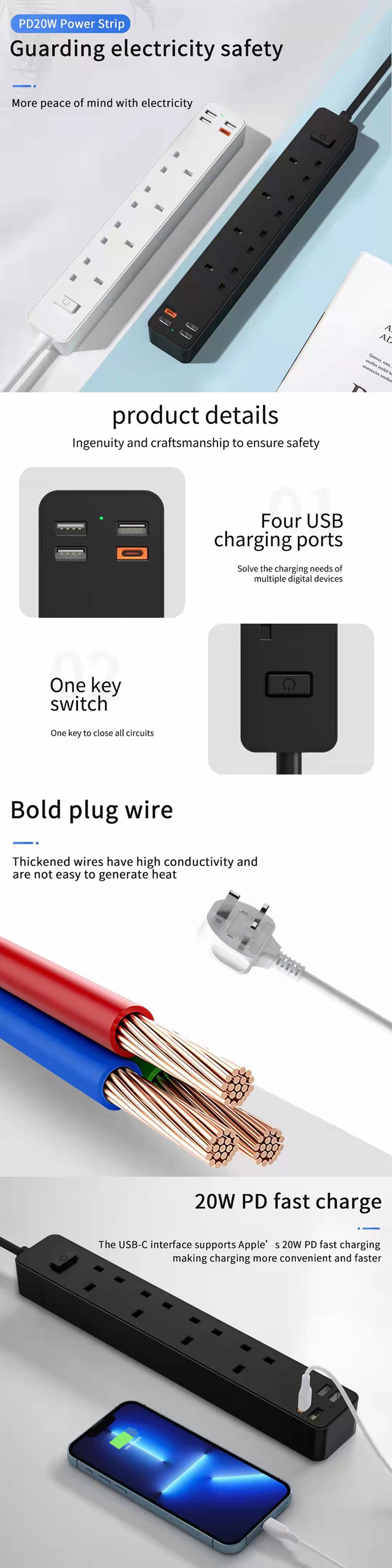 Original WiWU U01 Power Strip Socket With 4 AC 3 USB 20W PD WiWU 20W PD Power Strip Socket With 4 AC 3 USB 4