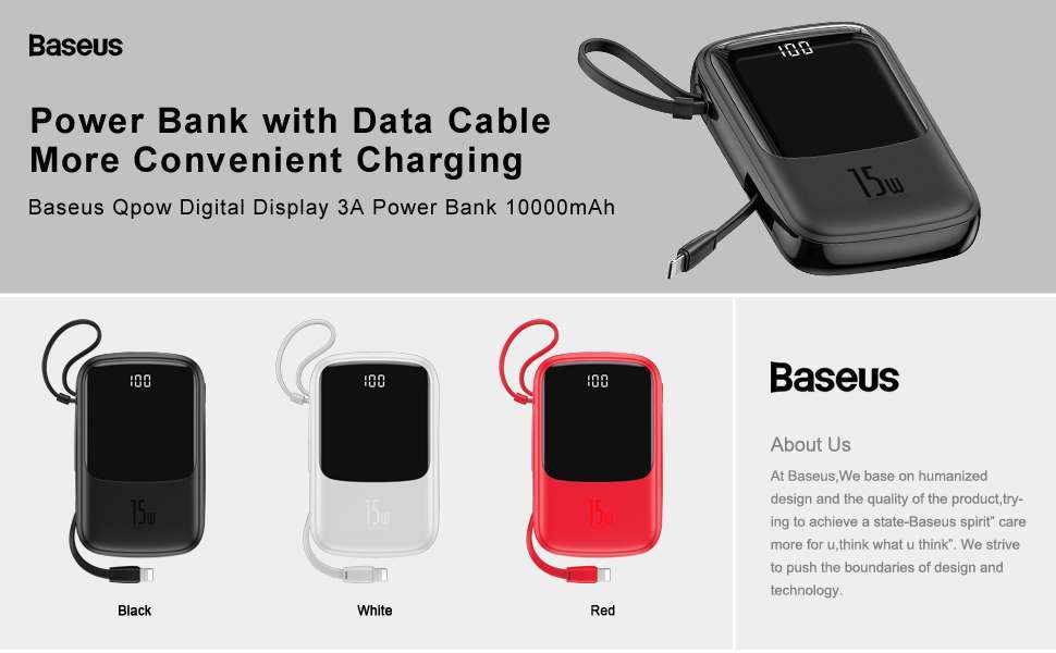 Original Baseus Qpow Digital Display quick charging 3A power bank 10000mAh 15W with type c cable