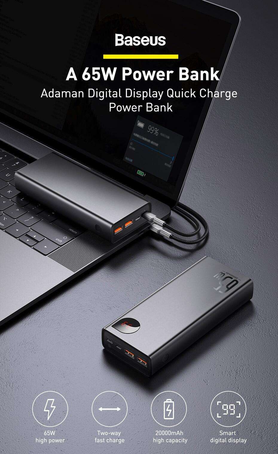 Original Baseus Adaman Metal Digital display 65W 20000mAh Quick Charge Power Bank