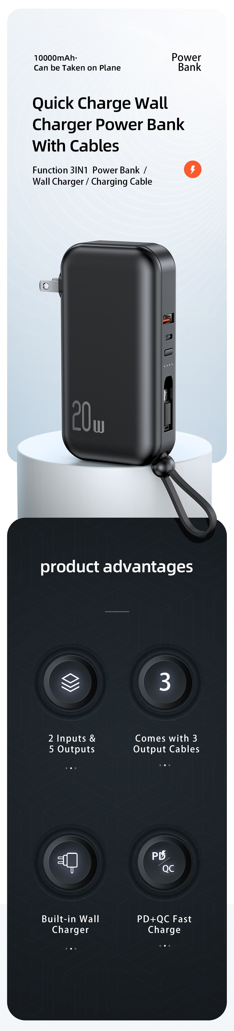 Original USAMS US-CD172 PB63 3IN1 Quick Charge Wall Charger Power Bank With Cables (US+EU Plug) 10000mAh Original USAMS US-CD172 PB63 3IN1 Quick Charge Wall Charger Power Bank With Cables (US+EU Plug) 10000mAh