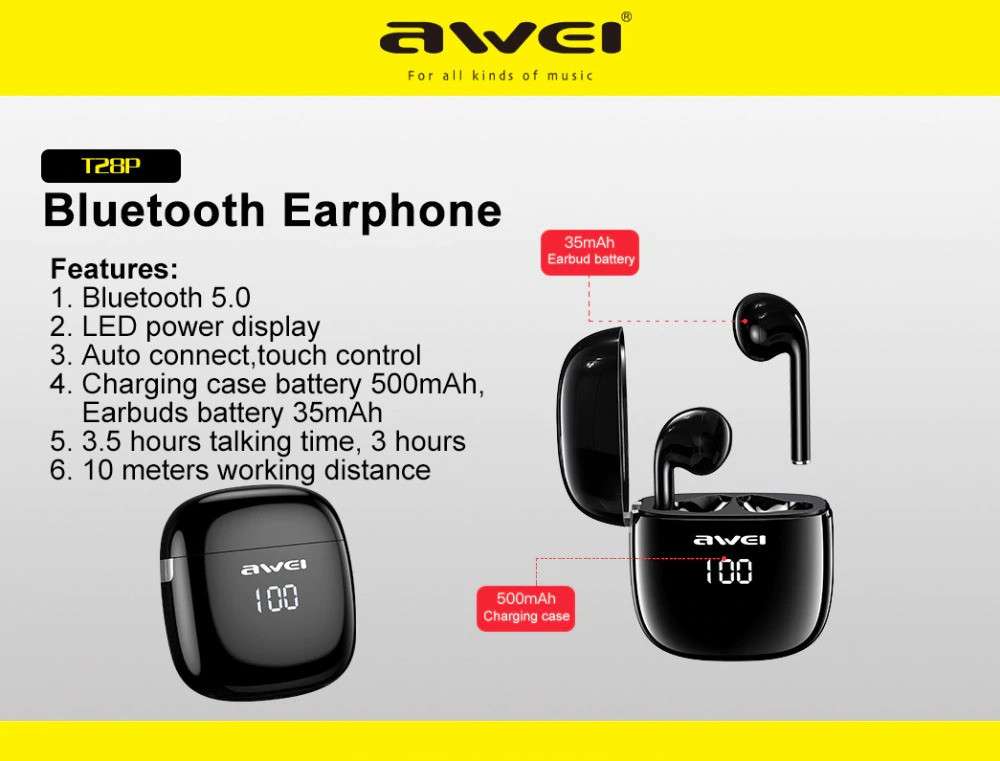 Original Awei T28P True TWS Bluetooth Smart Touch Sports Dual Earbuds with Charging Case