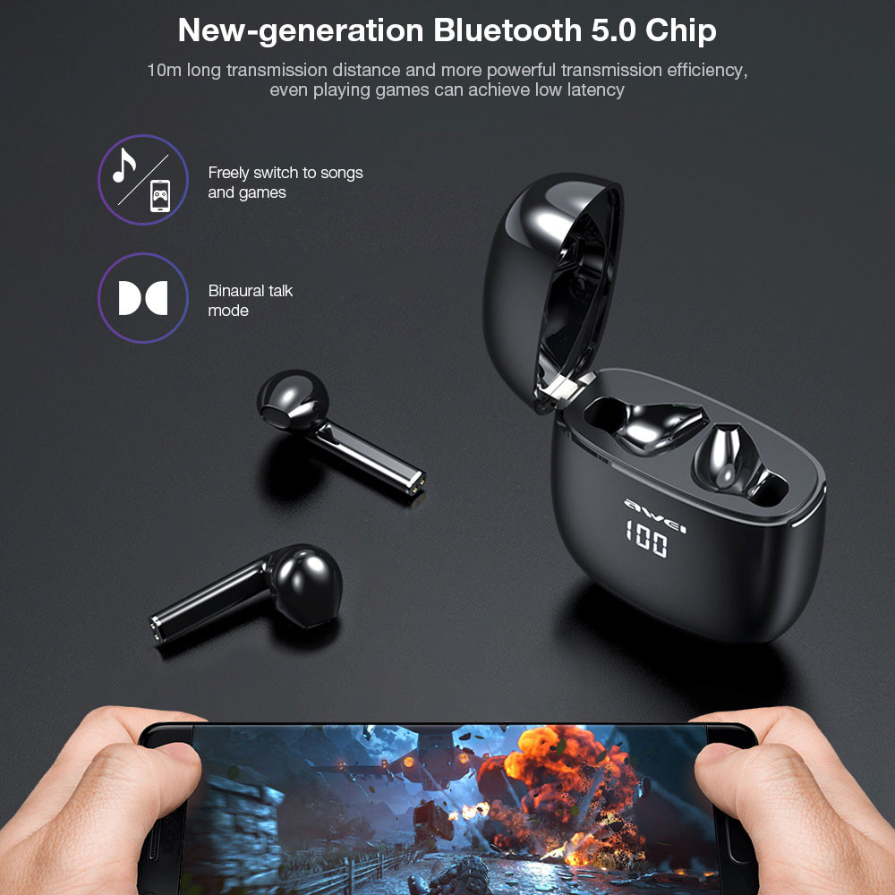 Original Awei T28P True TWS Bluetooth Smart Touch Sports Dual Earbuds with Charging Case