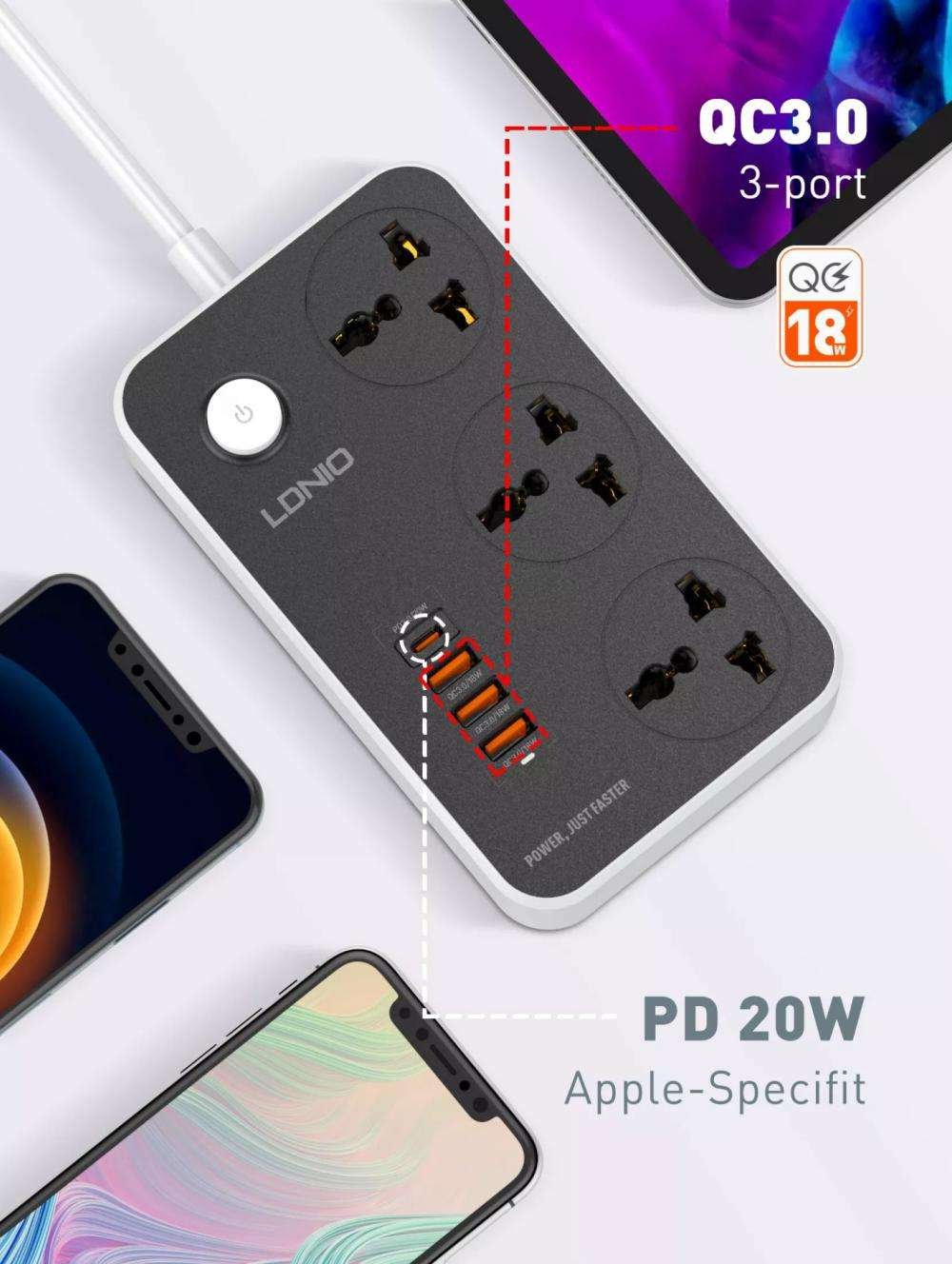 Ldnio Sc3412 38w Pd20w Power Strip 3 Socket Outlets And 3 Qc 3 0 Usb (4)