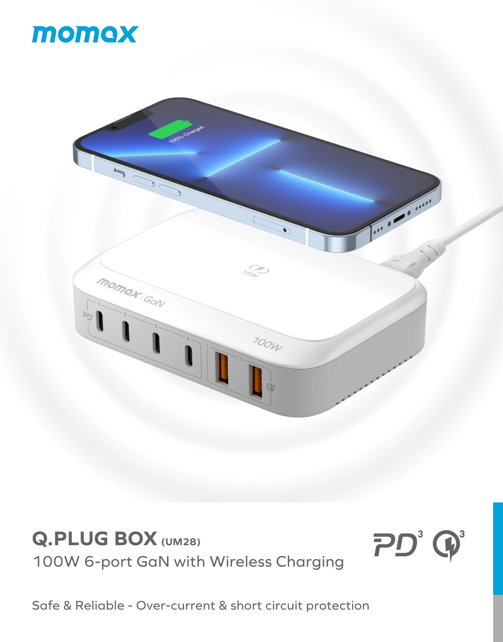 Original Momax UM28 Q.PLUG BOX GaN 100W Six Outputs with 15W Wireless Charging Original Momax UM28 Q.PLUG BOX GaN 100W Six Outputs with 15W Wireless Charging