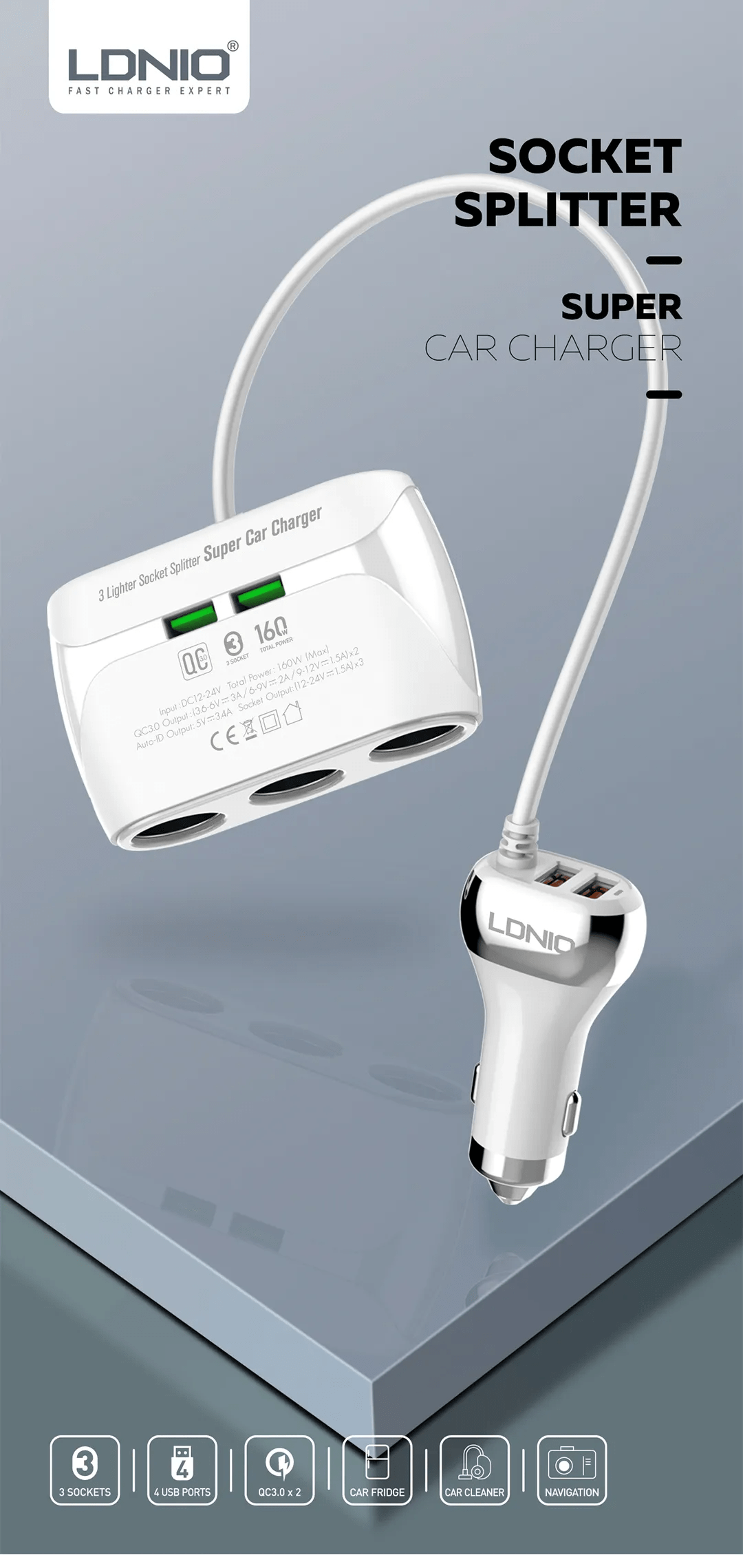 Original LDNIO C504 Socket Splitter Super Car Charger 160W 3 Lighter Sockets of Independent Switch & 4 USB Ports Original LDNIO C504 Socket Splitter Super Car Charger 160W 3 Lighter Sockets of Independent Switch & 4 USB Ports