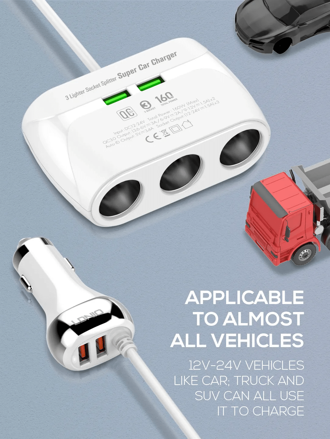Original LDNIO C504 Socket Splitter Super Car Charger 160W 3 Lighter Sockets of Independent Switch & 4 USB Ports Original LDNIO C504 Socket Splitter Super Car Charger 160W 3 Lighter Sockets of Independent Switch & 4 USB Ports