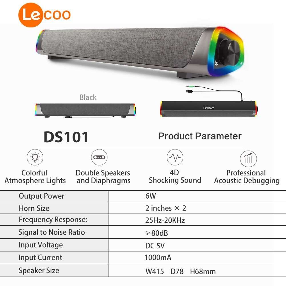 Original Lenovo L101 Computer Wired Desktop Speaker RGB Dual Units Stereo Surround Subwoofer Soundbar