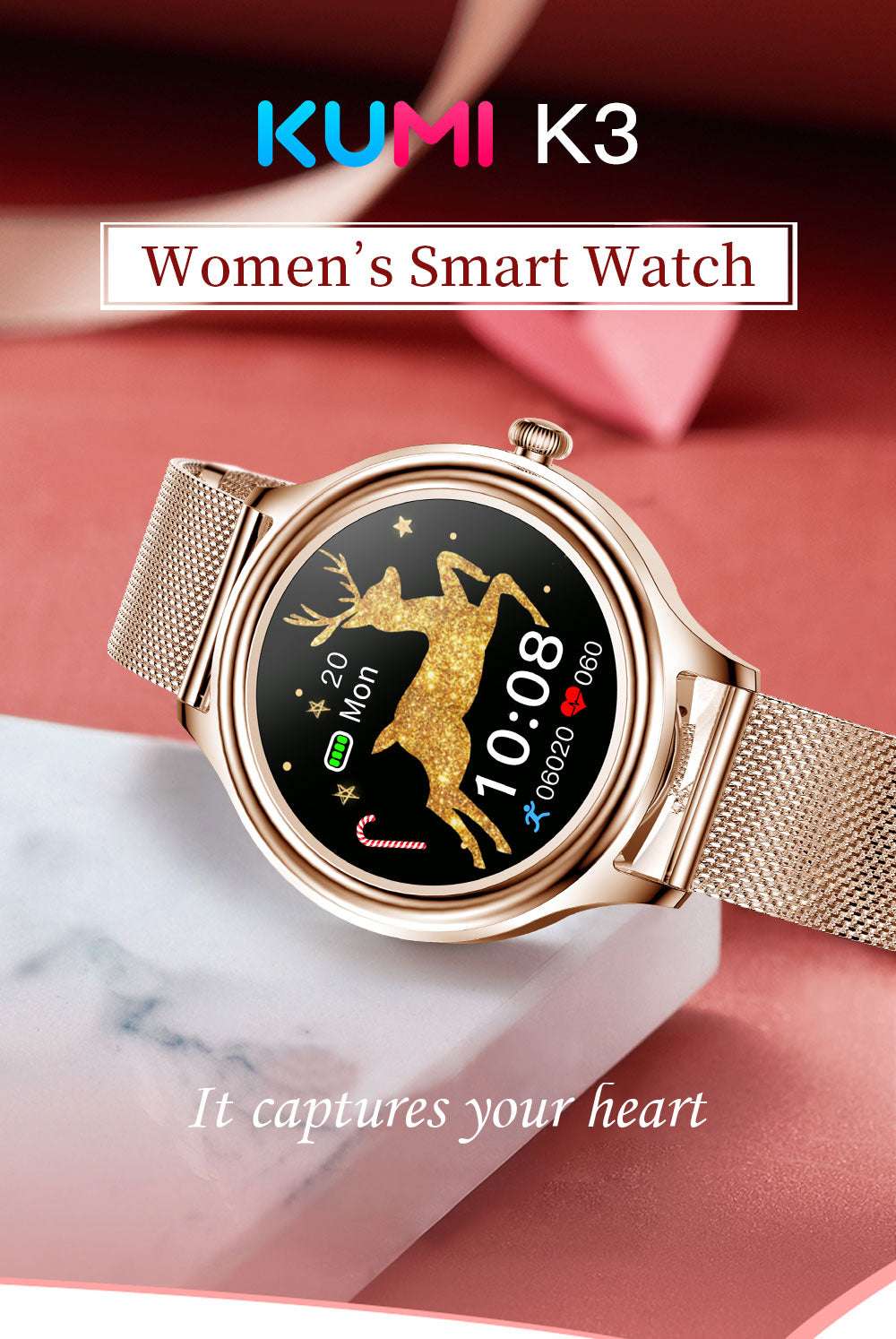Original KUMI K3 Women's Watches Steel Smart Watch SMARTWATCH Fitness Heart Rate Sleep Monitor IP68 Waterproof for Android IOS Iphone