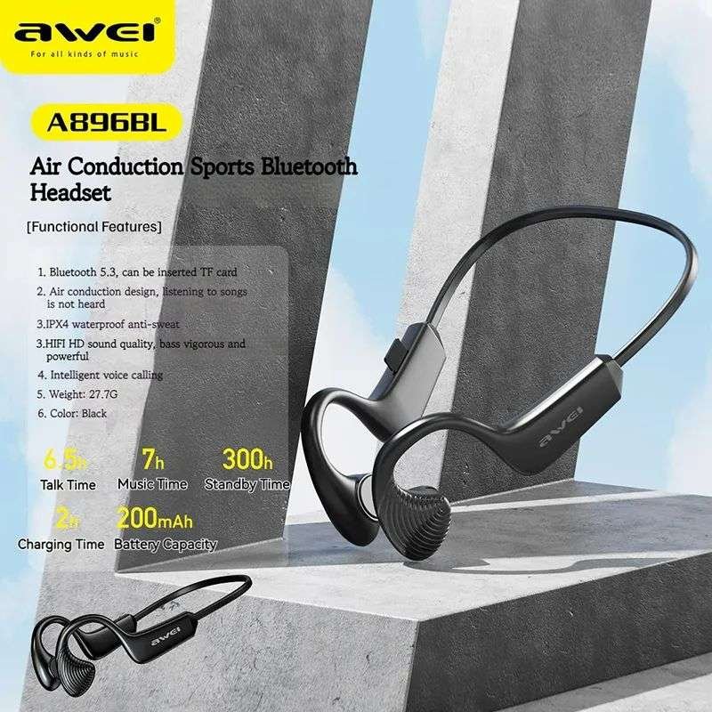 Original Awei A896BL Air conduction Sports Headset Wireless Bluetooth Earphone In-Ear Waterproof Neckband with Mic Type-C Headphones Image