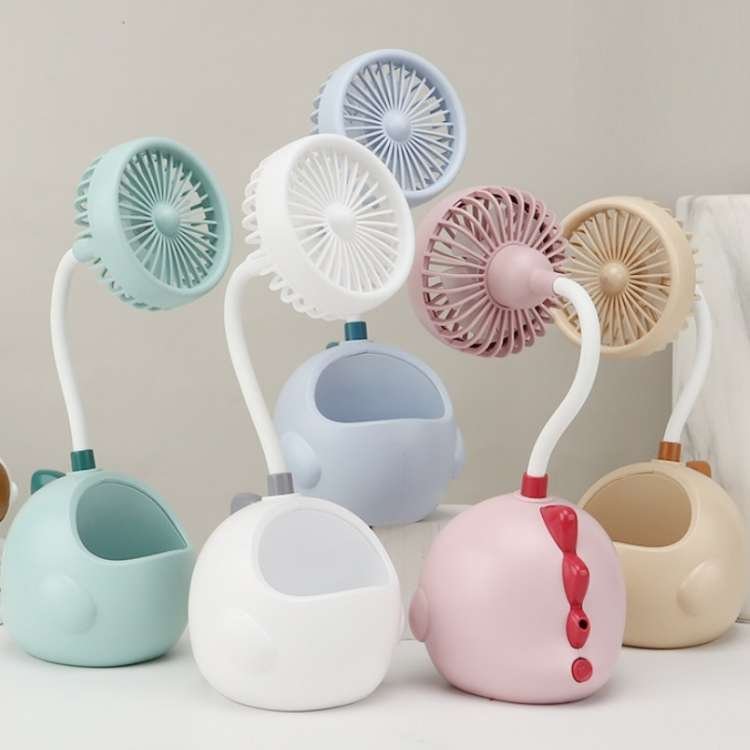 Original Mini FanMuteCoolRechargeableCartoon Deer Horn Summer Desk Mini Fan Pen Holder for Dormitory Dinosaur Desktop With Pen Holder Fan USB Charging Rotating Hose Portable Fan(White) - B1