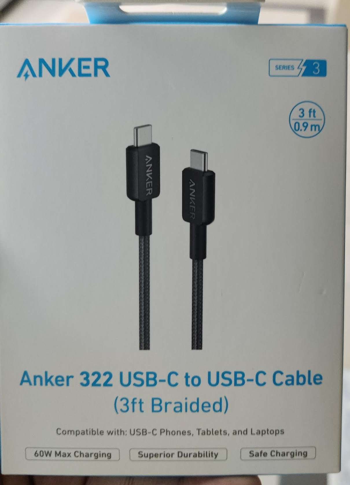 Original Anker 322 USB-C to USB-C 60W Nylon Braided Fast Charging Data Cable 3ft
